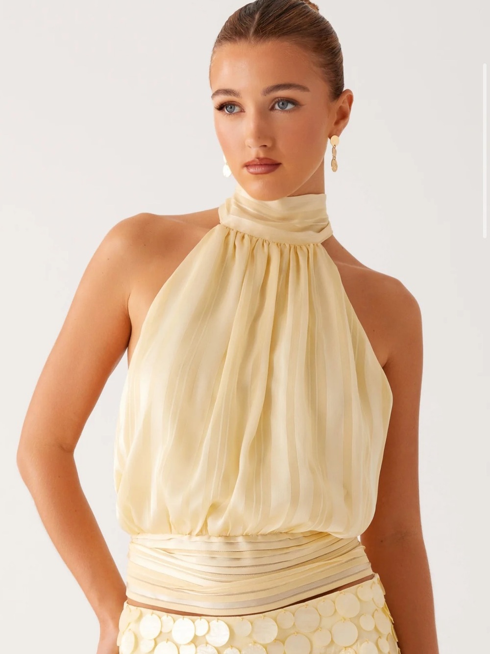 PEPPERMAYO Halter Neck Sheer Pleated Blouse in Pale Yellow